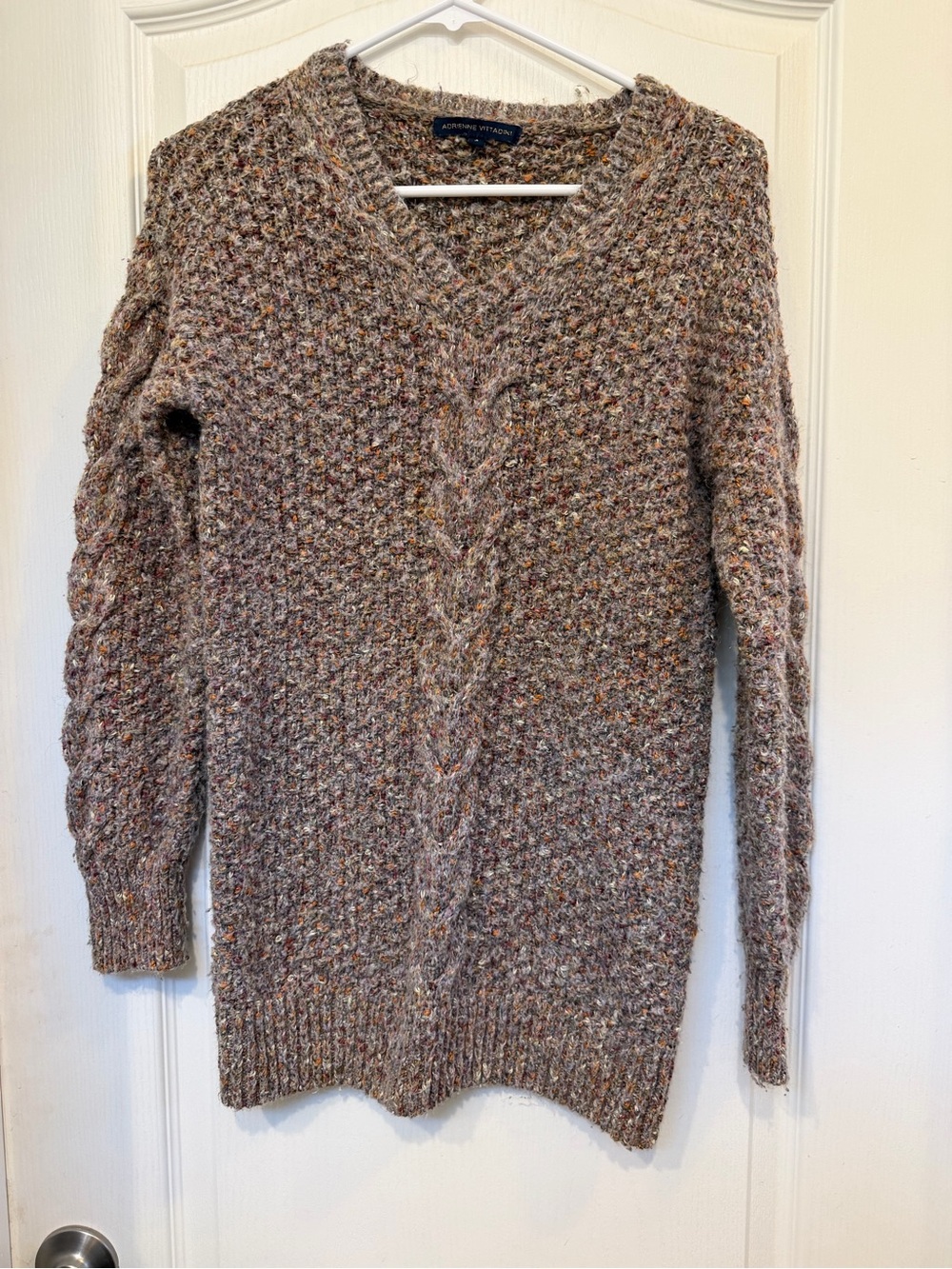 Adrienne Vittadini Cable Knit V-Neck Sweater Small Multicolor Flecked Tunic
